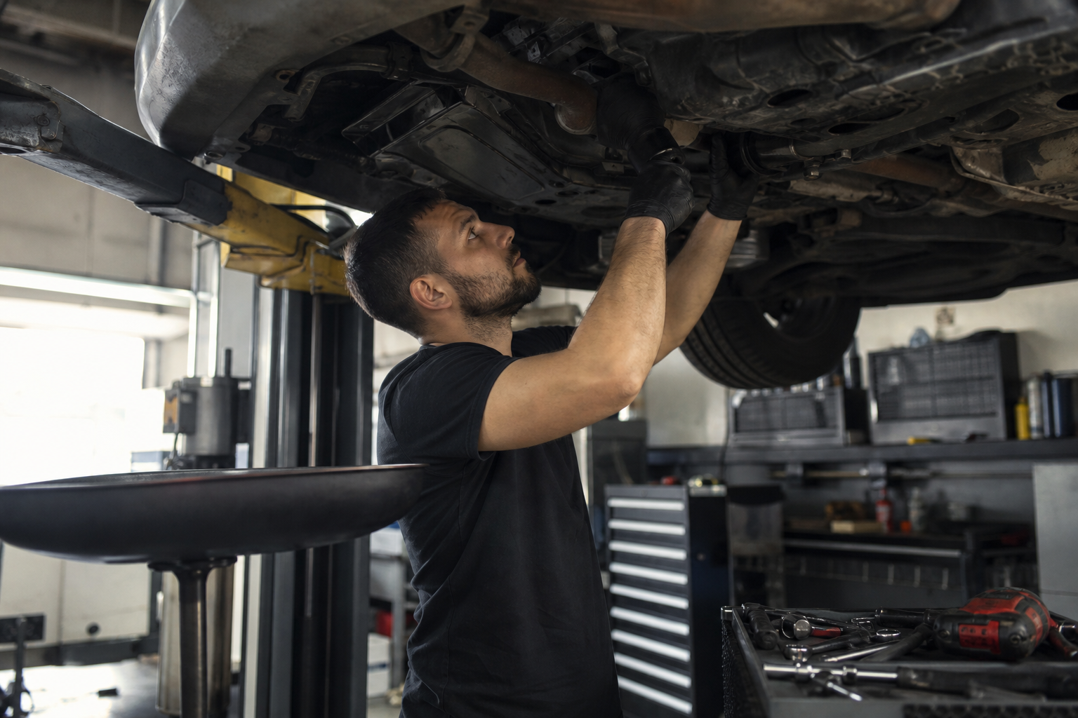 Mechanic performing auto repair under a vehicle on a lift