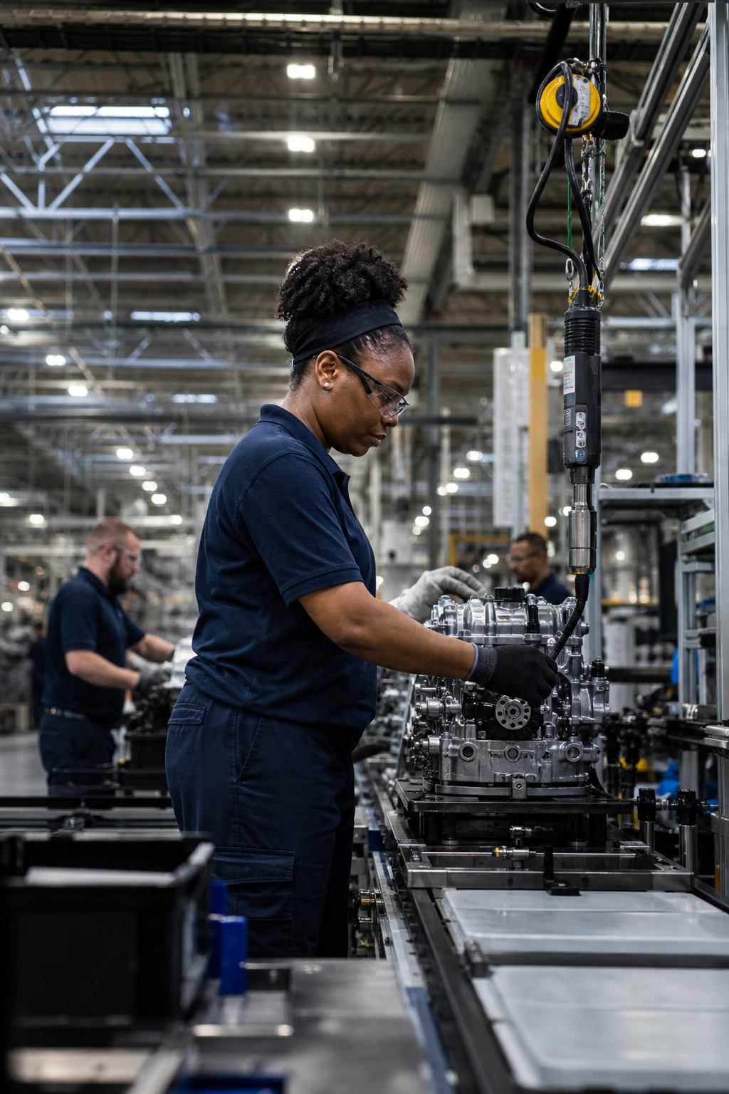 Manufacturing floor with workers assembling products on an industrial line