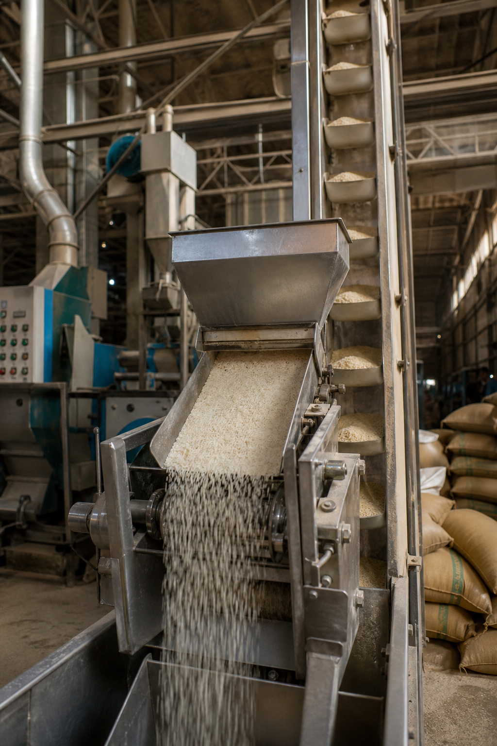 Rice milling equipment processing grain in an industrial plant