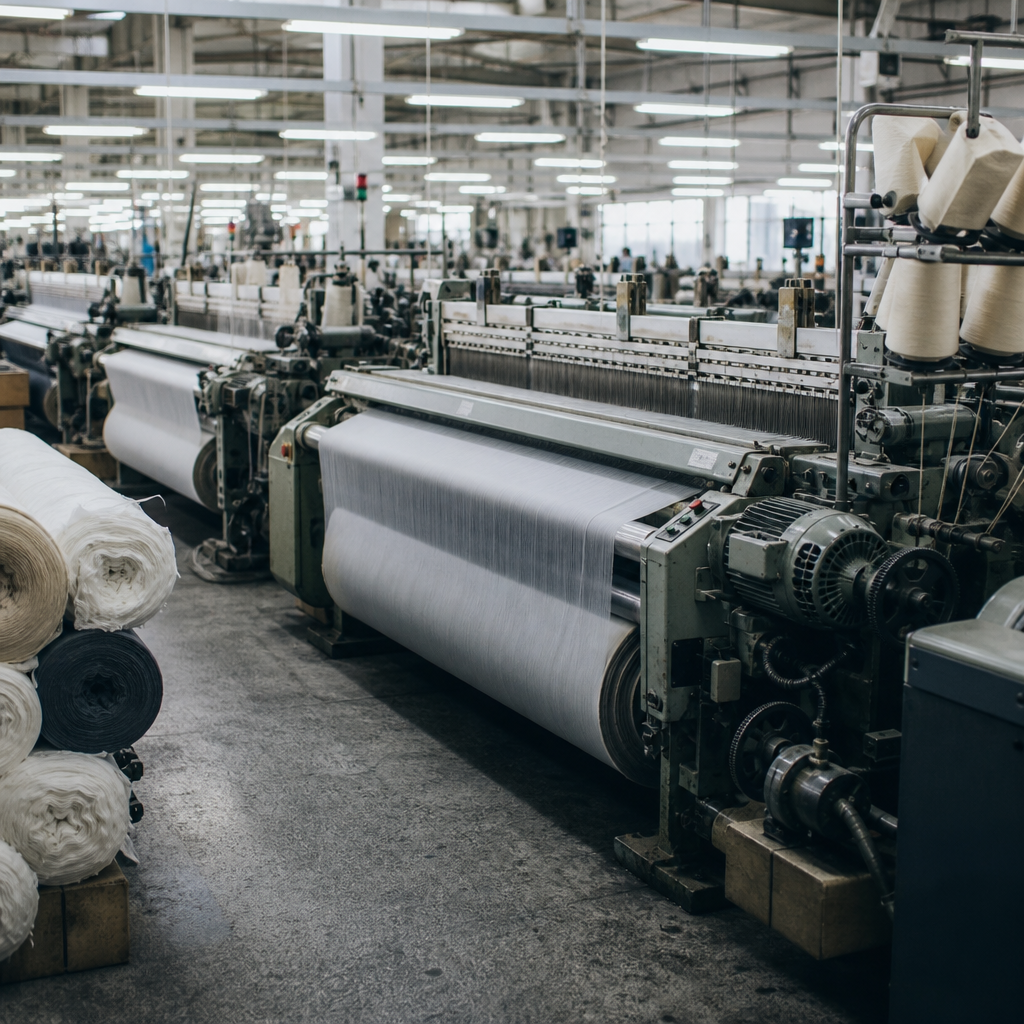 Industrial textile mill with looms and fabric rolls